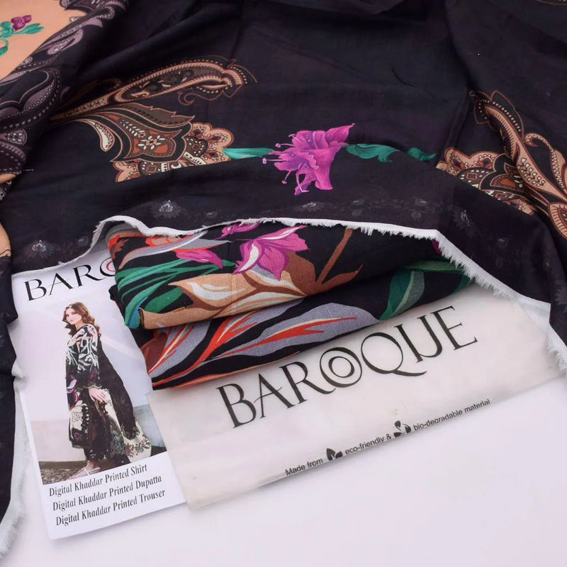 Premium Black 3-Piece Unstitched Khaddar Suit – Digital Print Winter Collection