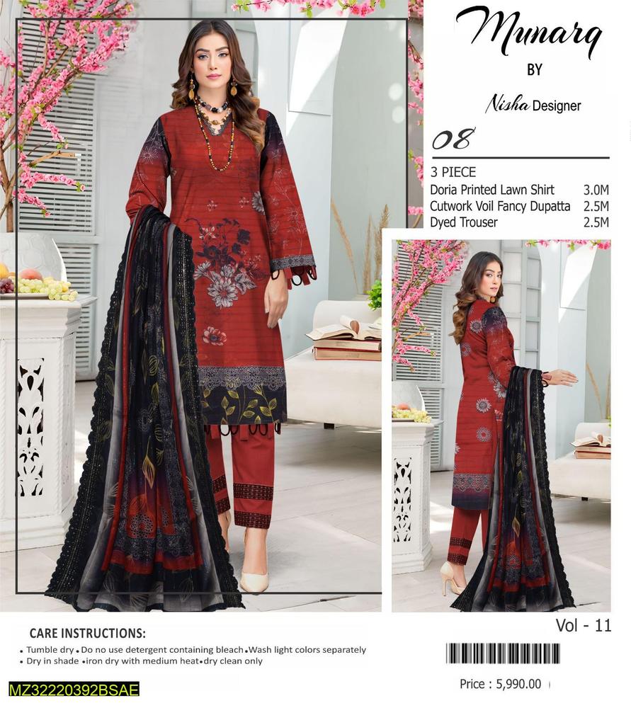 Munarq by Nisha Designer 3-Piece Suit – Rust Red Doria Printed Lawn with Black Cutwork Dupatta (Vol-11)
