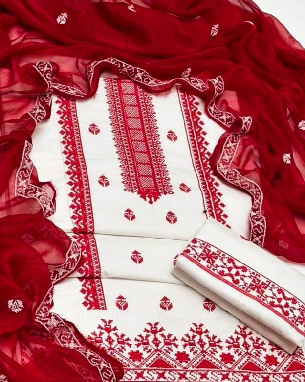 Red Chikankari Embroidered Cotton Lawn Suit – 3 Piece Unstitched Fancy Dress with Chiffon Dupatta