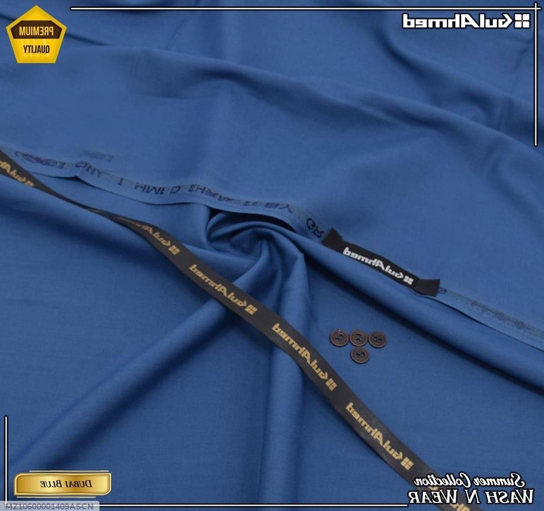 GulAhmed Men’s Unstitched Wash & Wear Suit – Dubai Blue Summer Collection (With Buttons & Brand Tag)