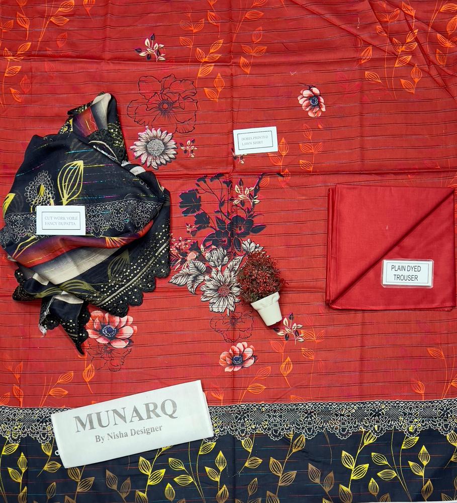 Munarq by Nisha Designer 3-Piece Suit – Rust Red Doria Printed Lawn with Black Cutwork Dupatta (Vol-11)