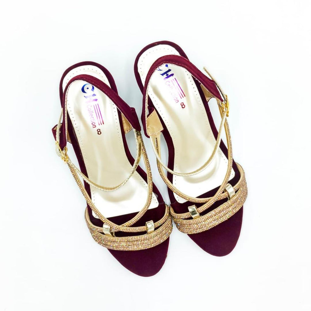 Women's Rexine Heels - Maroon Rhinestone | Samina Fashion