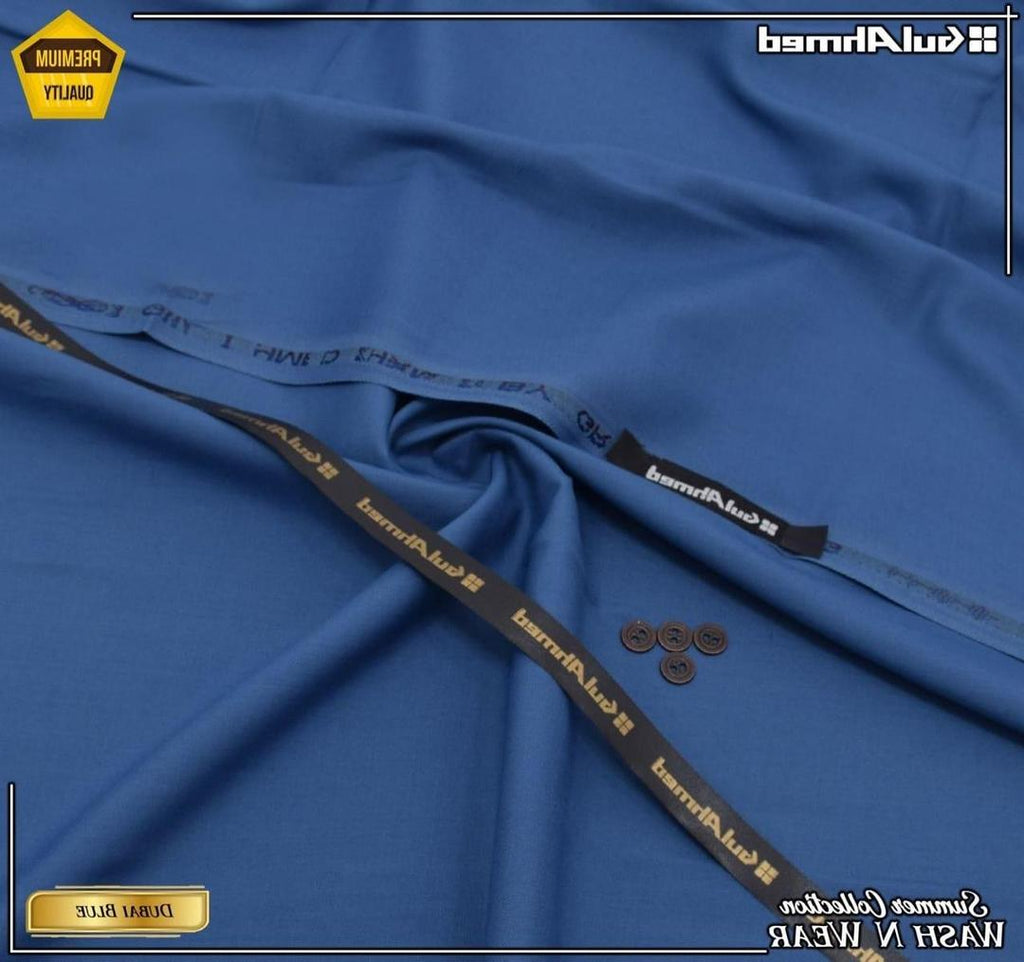 GulAhmed Men’s Unstitched Wash & Wear Suit – Dubai Blue Summer Collection (With Buttons & Brand Tag)