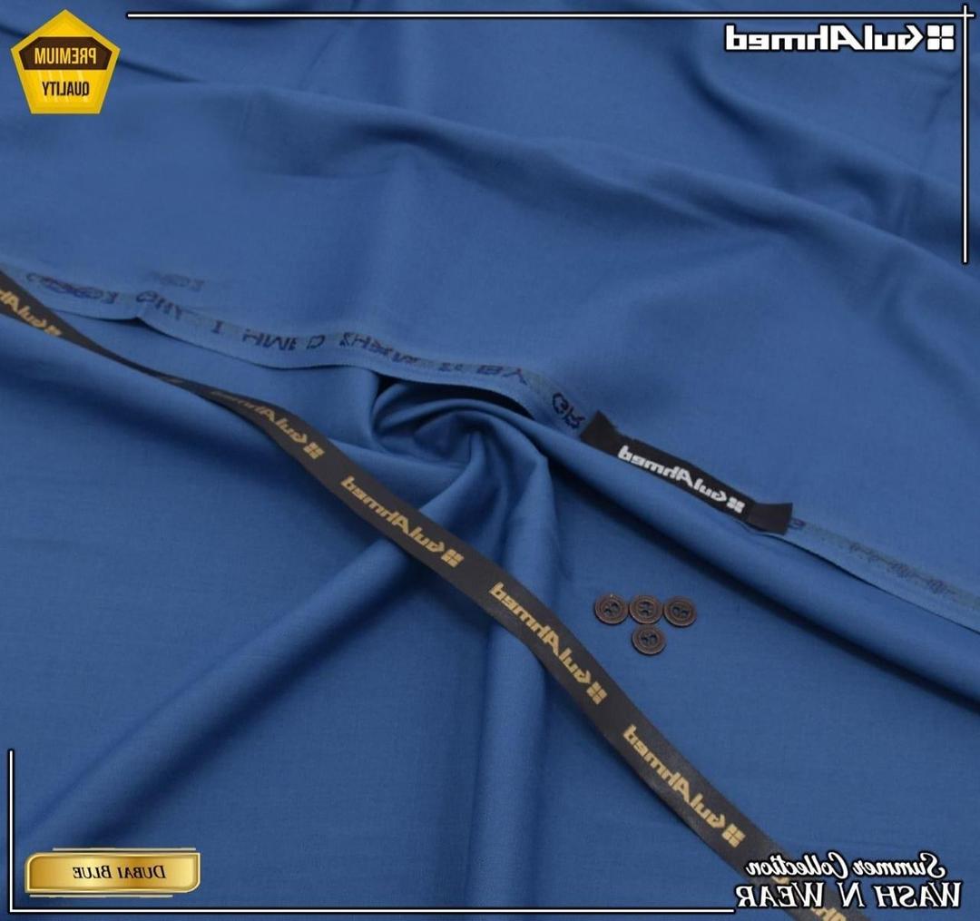 GulAhmed Men’s Unstitched Wash & Wear Suit – Dubai Blue Summer Collection (With Buttons & Brand Tag)