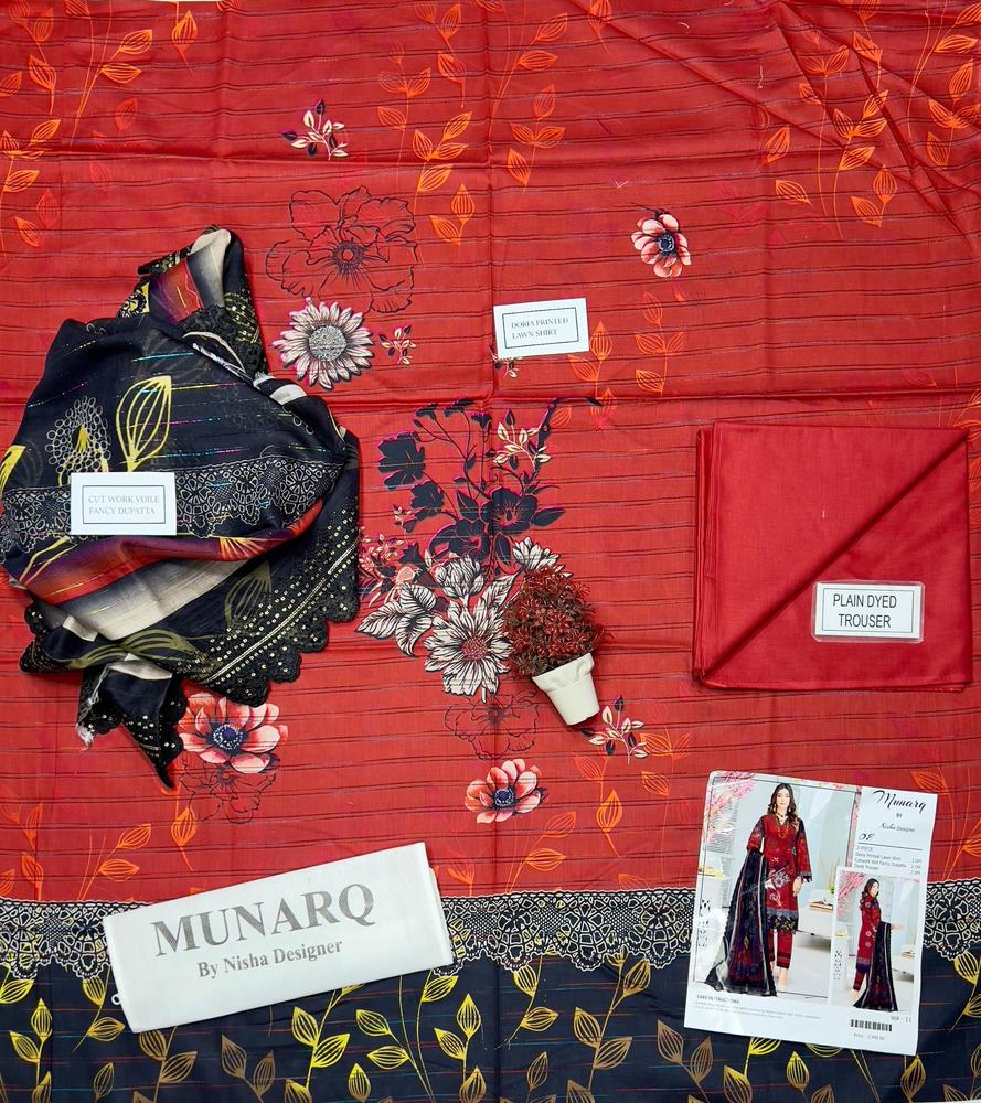 Munarq by Nisha Designer 3-Piece Suit – Rust Red Doria Printed Lawn with Black Cutwork Dupatta (Vol-11)