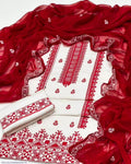 Red Chikankari Embroidered Cotton Lawn Suit – 3 Piece Unstitched Fancy Dress with Chiffon Dupatta
