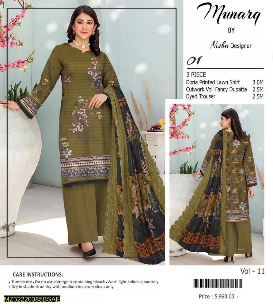 Olive Green Doria Printed Lawn Suit – 3 Piece Unstitched with Black Cutwork Fancy Dupatta