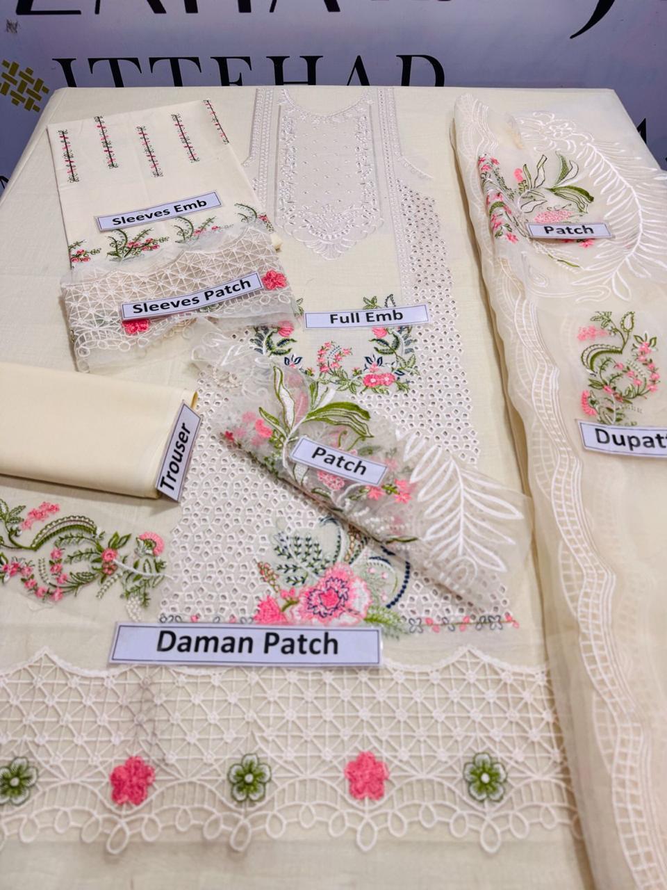 Off-White Chikankari Embroidered Lawn Suit – 3 Piece Unstitched with Organza Dupatta