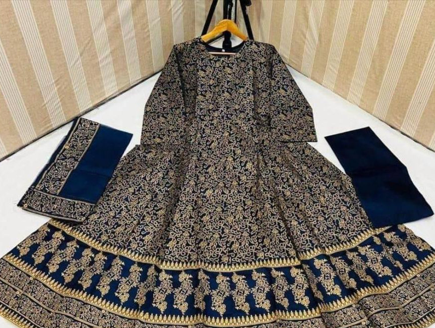 Navy Blue Katan Silk Maxi Suit (3-Piece) - Steam Printed Festive Wear with 70" Flair