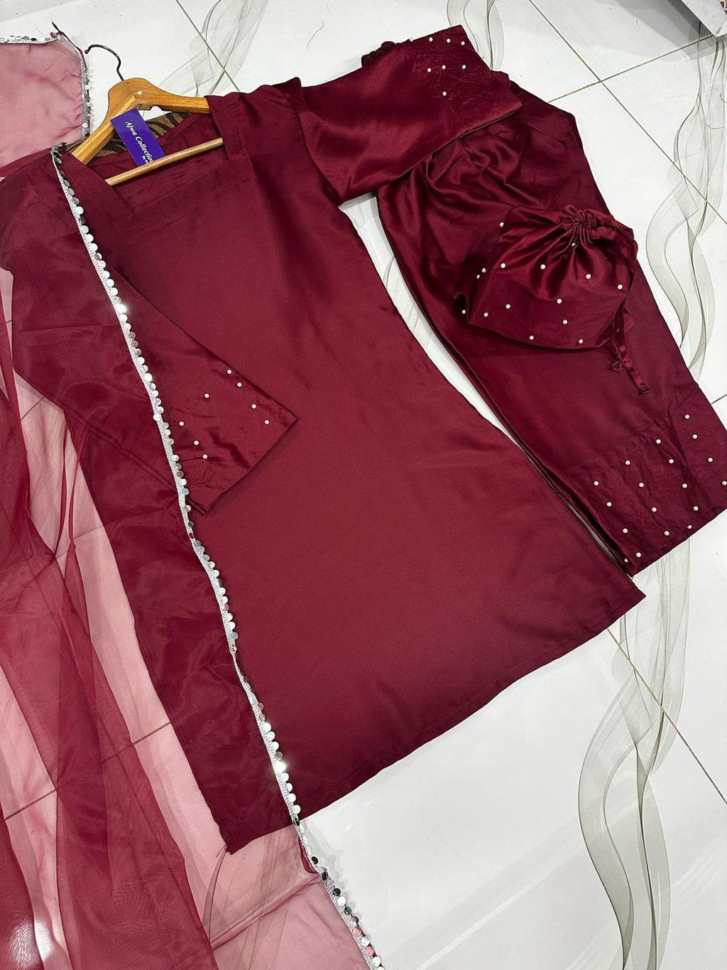 Maroon Shamoz Silk 3-Piece Suit with Farshi Shalwar & Potli