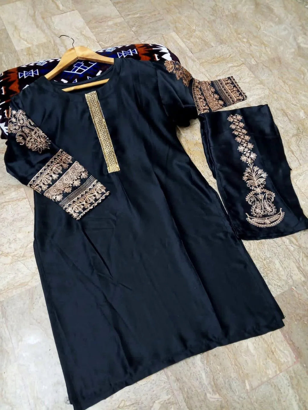 Black Silk Embroidered 2-Piece Suit (Stitched) – Ready to Wear Party Dress