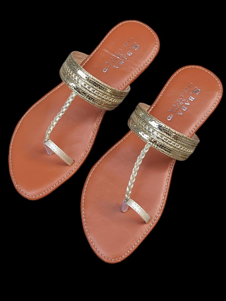 Stylish Golden Kolhapuri Chappal - Women's PU Leather Flat Sandals