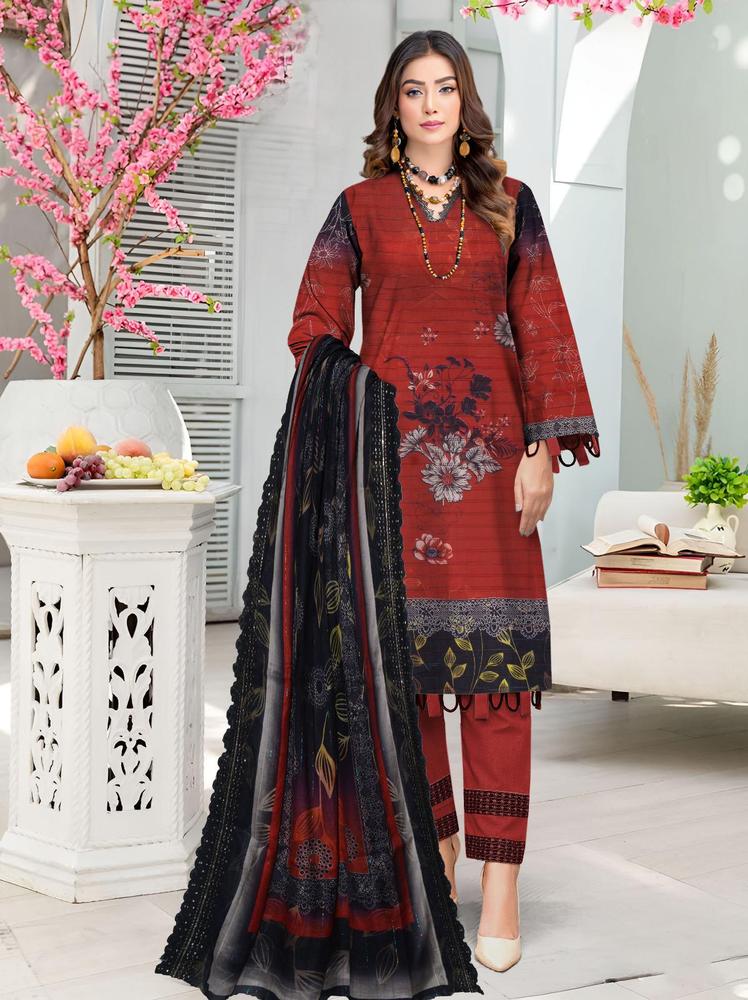 Munarq by Nisha Designer 3-Piece Suit – Rust Red Doria Printed Lawn with Black Cutwork Dupatta (Vol-11)