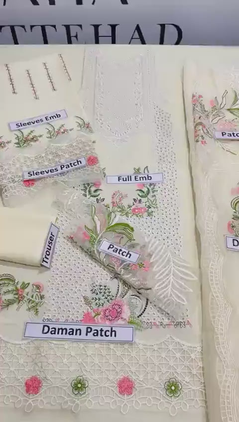 Off-White Chikankari Embroidered Lawn Suit – 3 Piece Unstitched with Organza Dupatta
